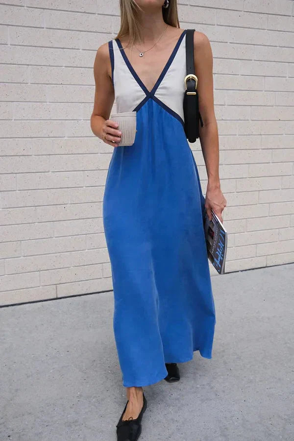 Gaby | Dames maxi-jurk mouwloos met V-hals en satijnlook – luchtige zomerstijl