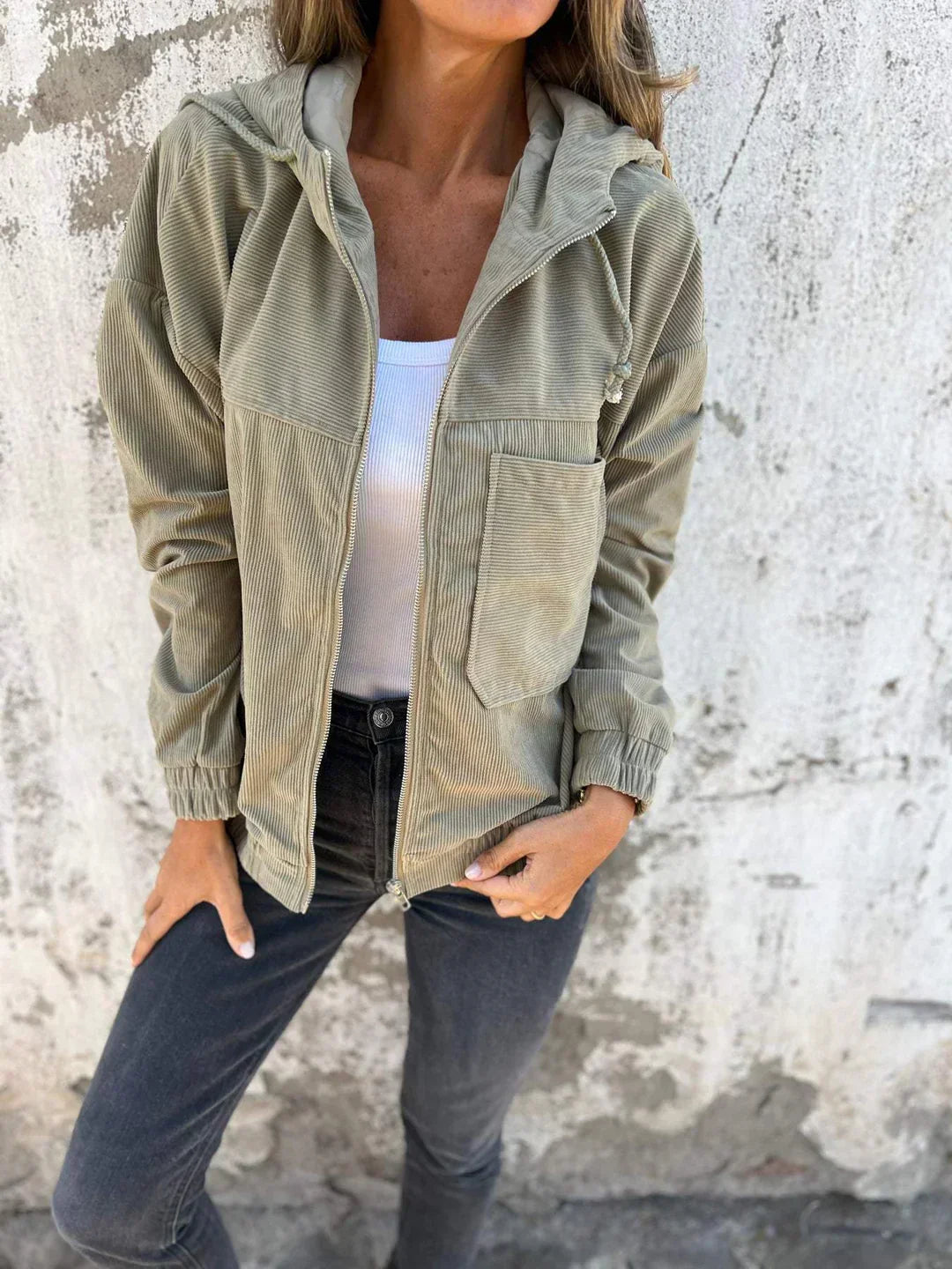 Ria Hoodie Jack voor dames | Casual geribd vest met capuchon en ritssluiting