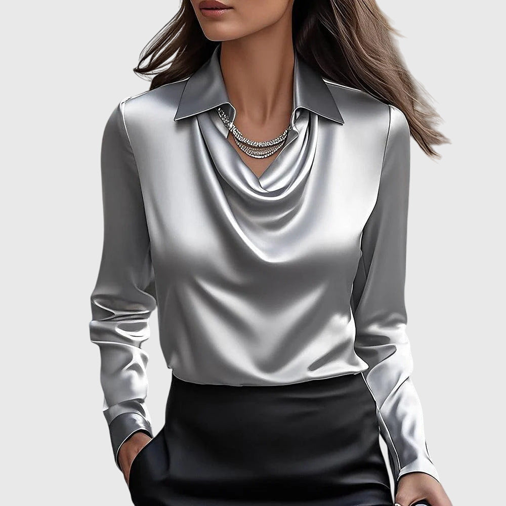 Sylvana Blouse Dames | Elegante Blouse met Glans en Geplooide Halslijn