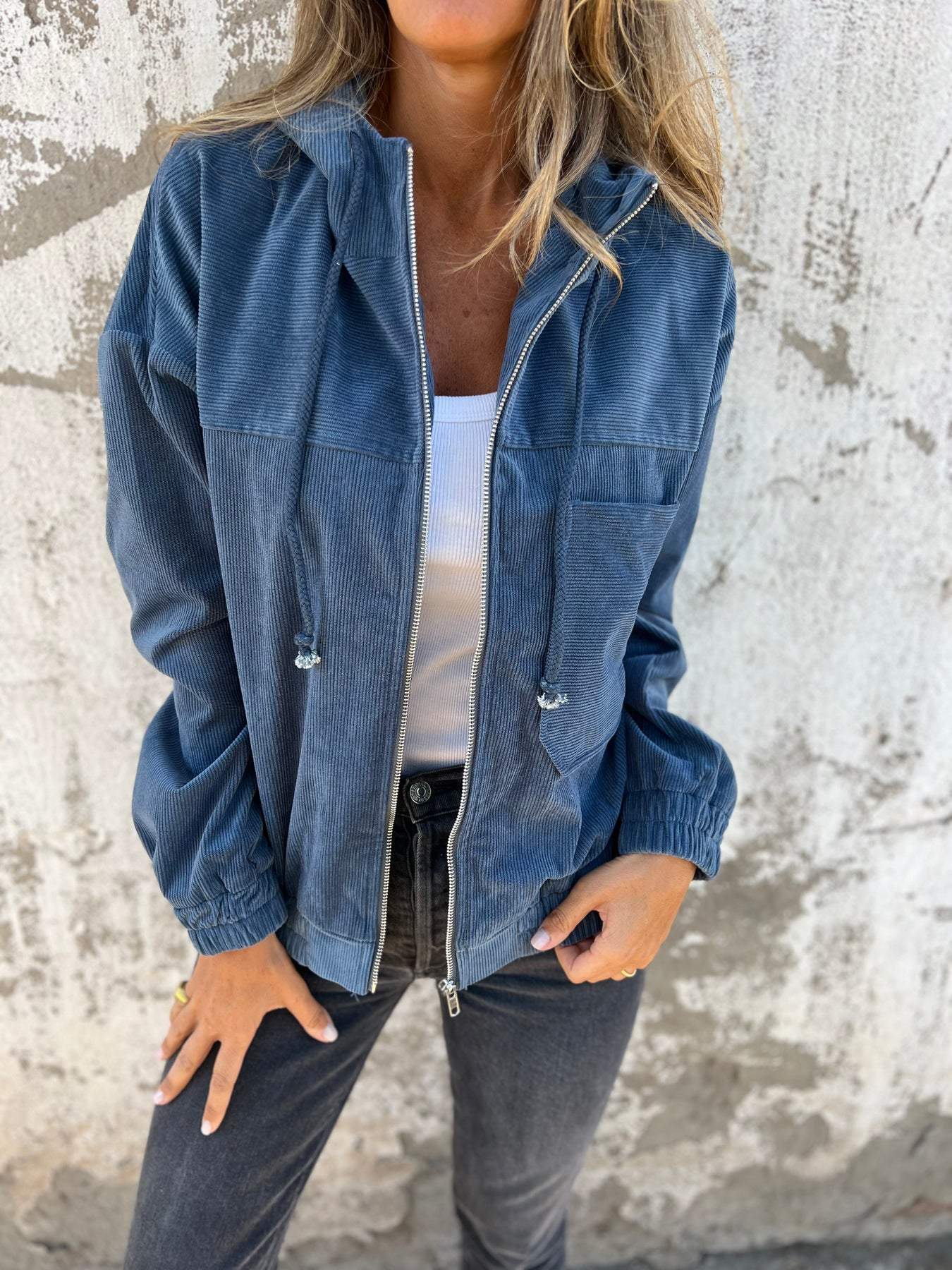 Ria Hoodie Jack voor dames | Casual geribd vest met capuchon en ritssluiting