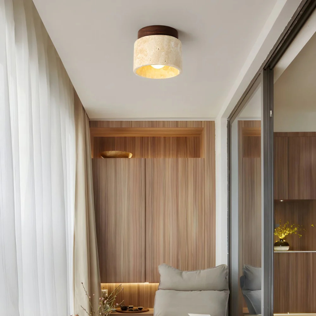 Cilindervormige Plafondlamp – Travertin met Houten Accent, Japanse Stijl voor Woonkamer of Slaapkamer Verlichting