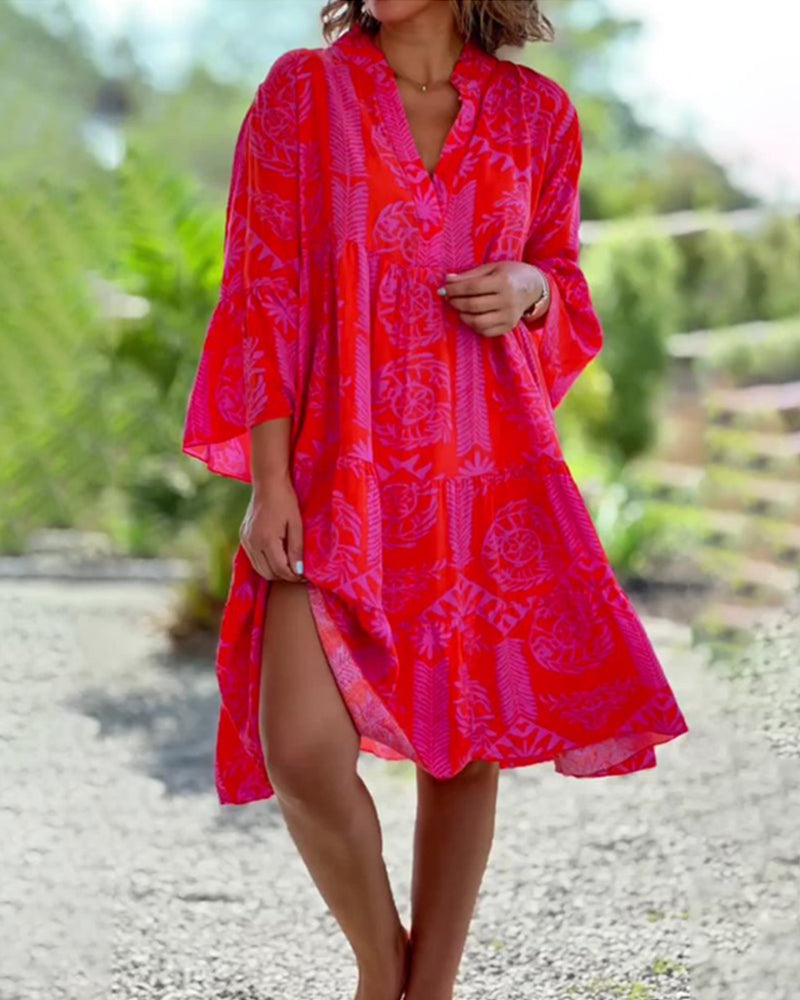 Lieve | Geometrisch Gedrukt Jurk – Vrouwelijk, Casual, Met Flared Mouwen