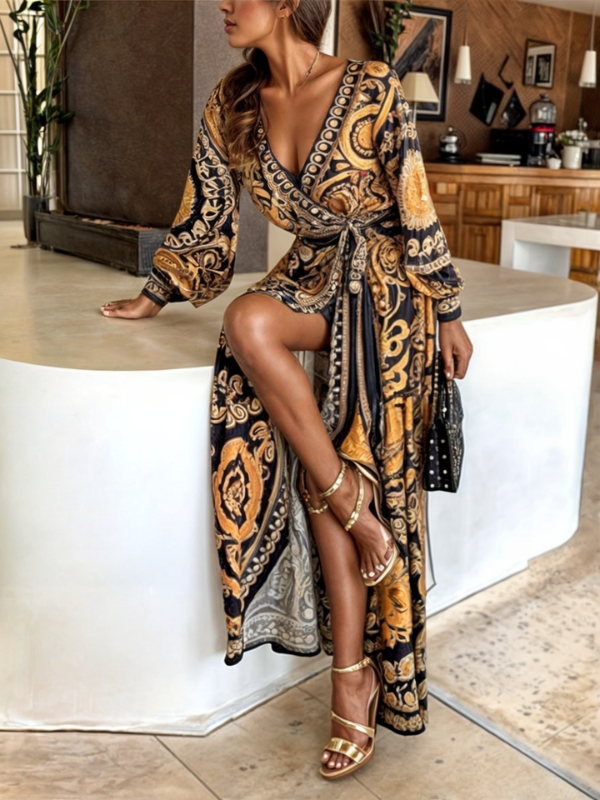 Froukje | Maxi-jurk dames met gouden bloemenprint en bohemian look