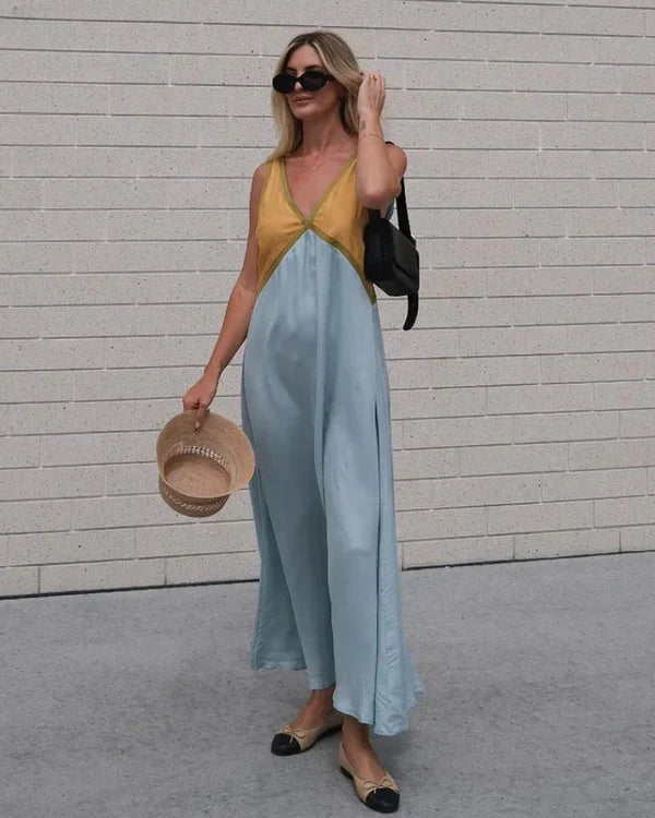 Gaby | Dames maxi-jurk mouwloos met V-hals en satijnlook – luchtige zomerstijl