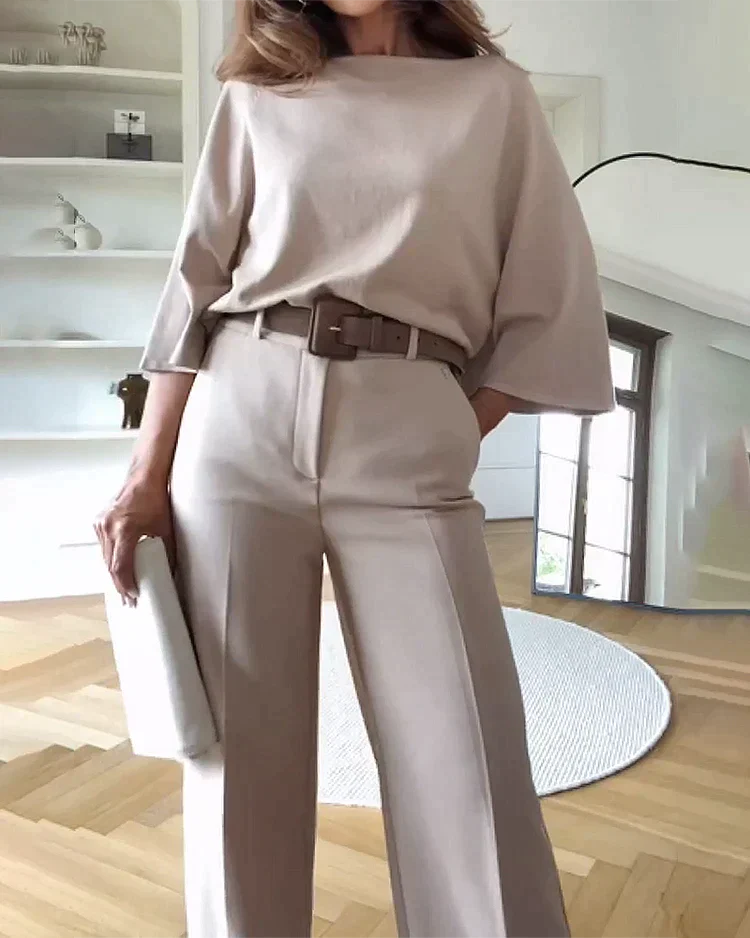 Kimberly Set | Dames 2-delige outfit met hoge taille broek en losvallende top in neutrale kleur