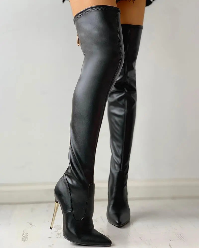 Daniek Overknee Laarzen | Dames Laarzen met Gouden Hak en Ritsdetail