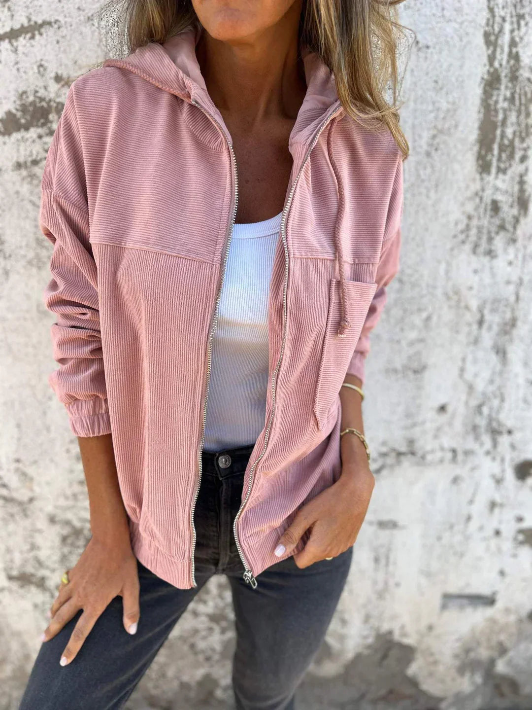 Ria Hoodie Jack voor dames | Casual geribd vest met capuchon en ritssluiting