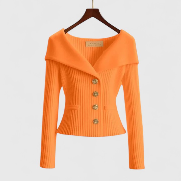 Beathe Herfsttrui Dames | Elegante Off-Shoulder Trui met Gouden Knopen