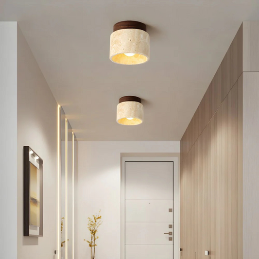 Cilindervormige Plafondlamp – Travertin met Houten Accent, Japanse Stijl voor Woonkamer of Slaapkamer Verlichting