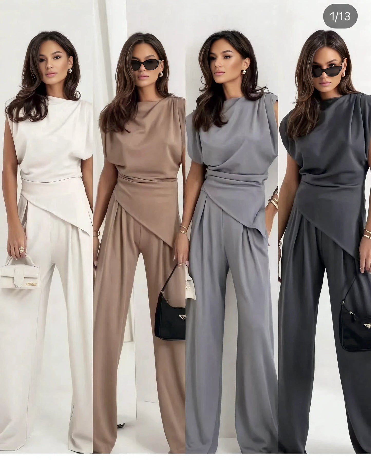 Hailey Set | Tweedelige damesoutfit met asymmetrische top en wijde broek
