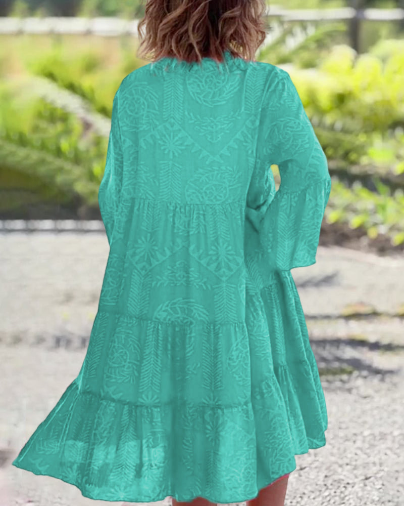 Lieve | Geometrisch Gedrukt Jurk – Vrouwelijk, Casual, Met Flared Mouwen
