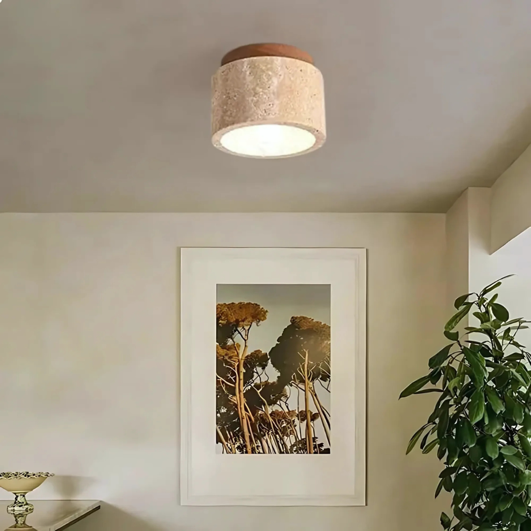 Cilindervormige Plafondlamp – Travertin met Houten Accent, Japanse Stijl voor Woonkamer of Slaapkamer Verlichting