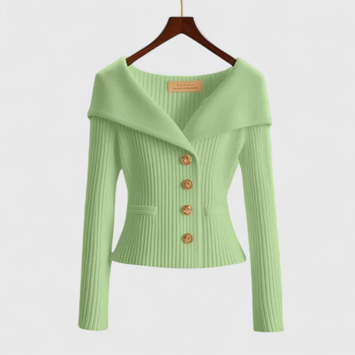 Beathe Herfsttrui Dames | Elegante Off-Shoulder Trui met Gouden Knopen