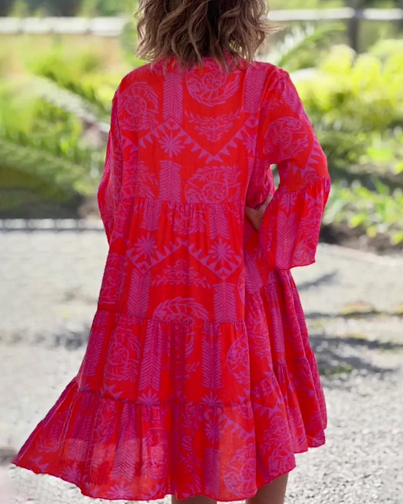 Lieve | Geometrisch Gedrukt Jurk – Vrouwelijk, Casual, Met Flared Mouwen