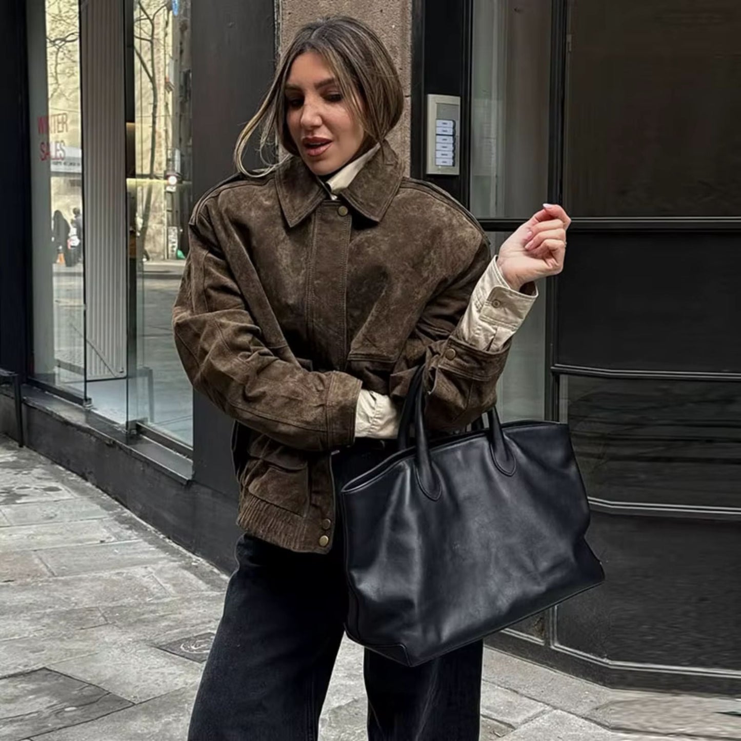 Suede Jacket | Oversized damesjas van suède met vintage look en gestructureerde schouders