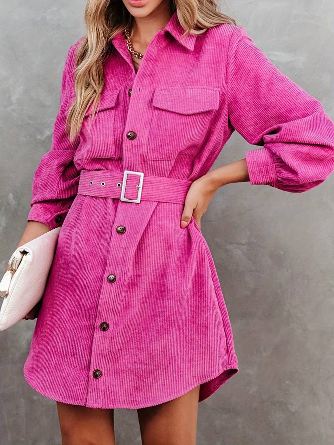 Marleen | Dames Mini-Jurk – Lange Mouwen, Knoopsluiting, Corduroy Stof