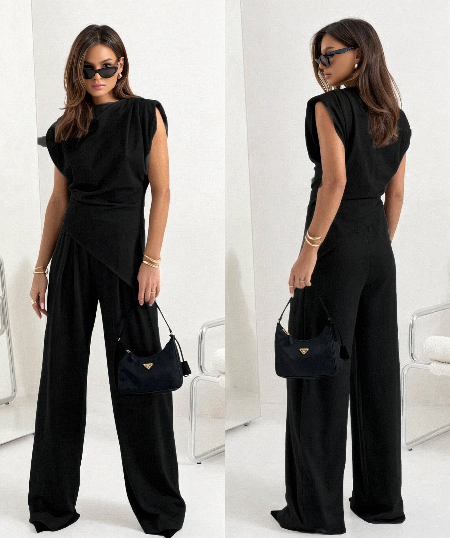 Hailey Set | Tweedelige damesoutfit met asymmetrische top en wijde broek