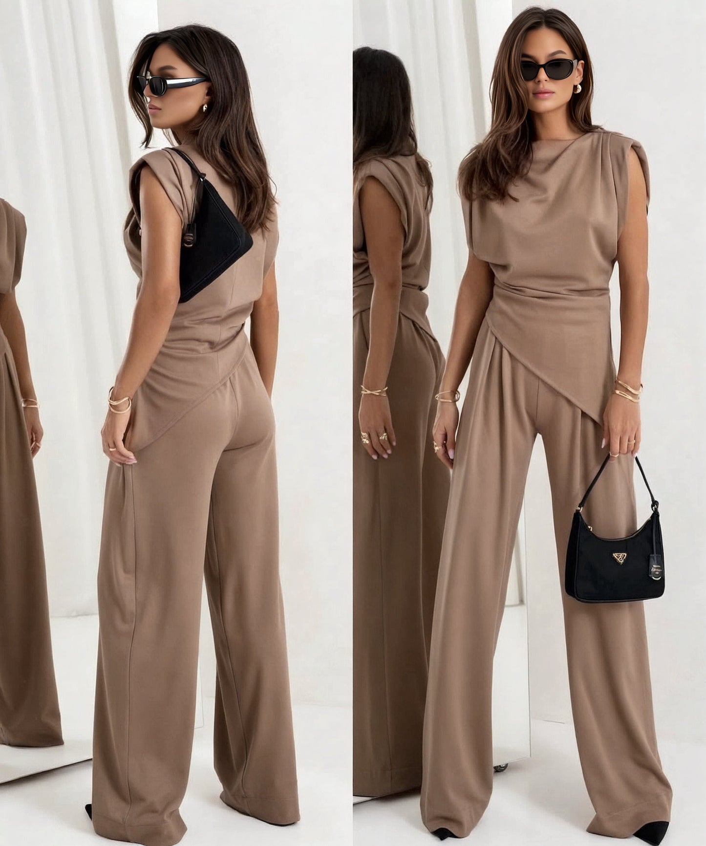 Hailey Set | Tweedelige damesoutfit met asymmetrische top en wijde broek