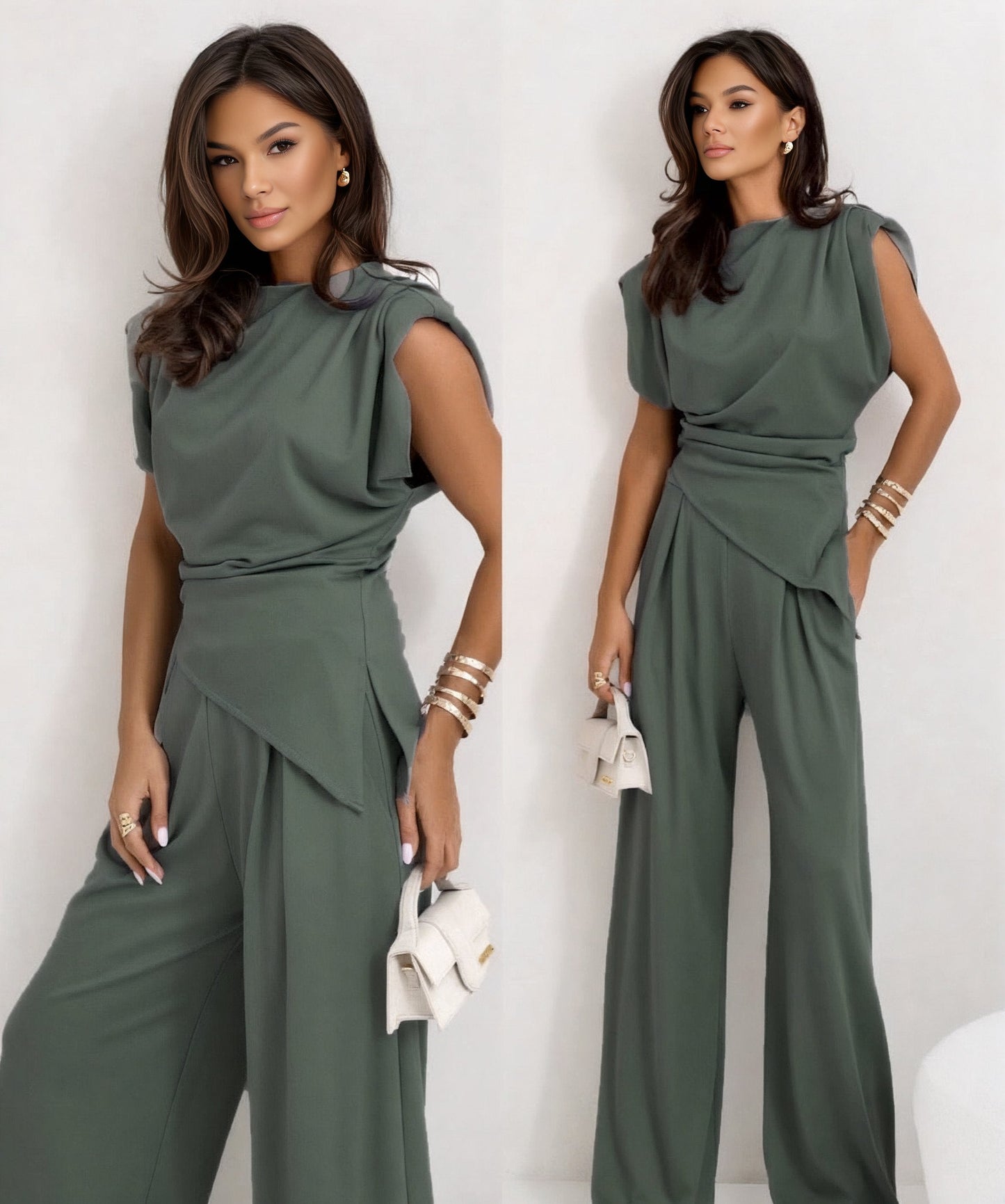 Hailey Set | Tweedelige damesoutfit met asymmetrische top en wijde broek