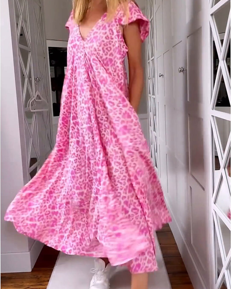 Kerstin | Maxi Jurk voor Dames - V-Ausschnitt, Leopardenprint en Gemakkelijk Pasvorm