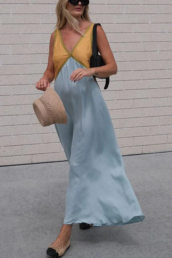 Gaby | Dames maxi-jurk mouwloos met V-hals en satijnlook – luchtige zomerstijl