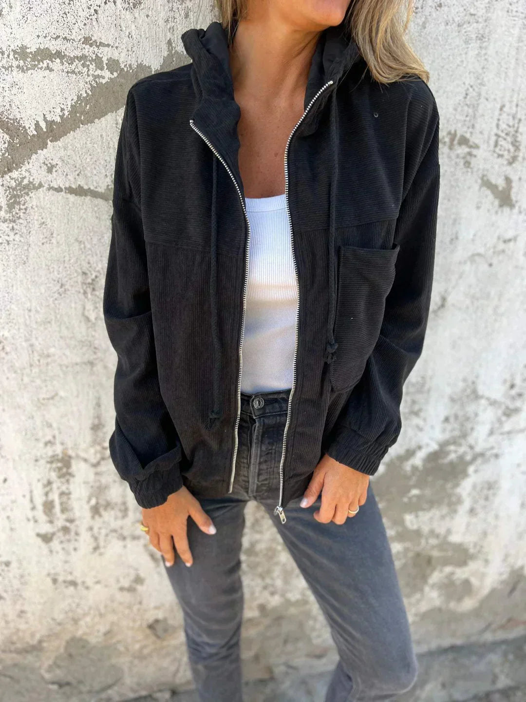 Ria Hoodie Jack voor dames | Casual geribd vest met capuchon en ritssluiting