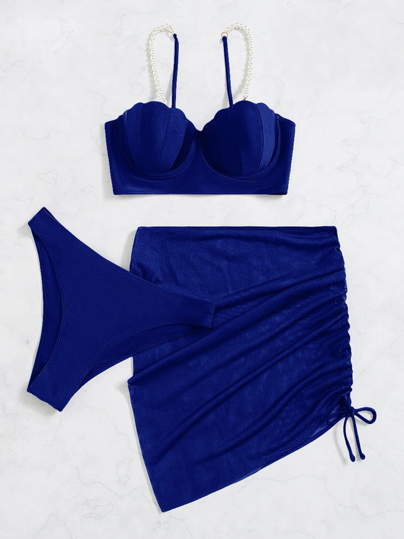 Norah | Dames 3-Delige Bikiniset – Schelpvormige Top – Elegant Strandrokje – Parelbandjes