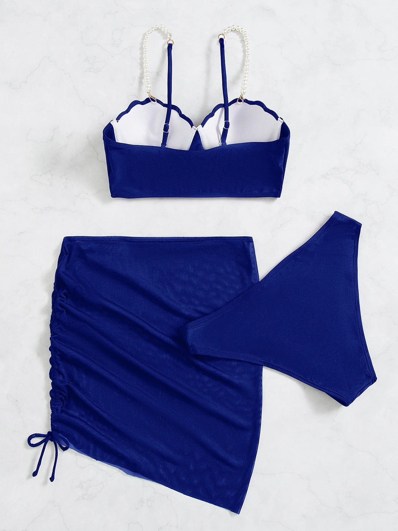 Norah | Dames 3-Delige Bikiniset – Schelpvormige Top – Elegant Strandrokje – Parelbandjes