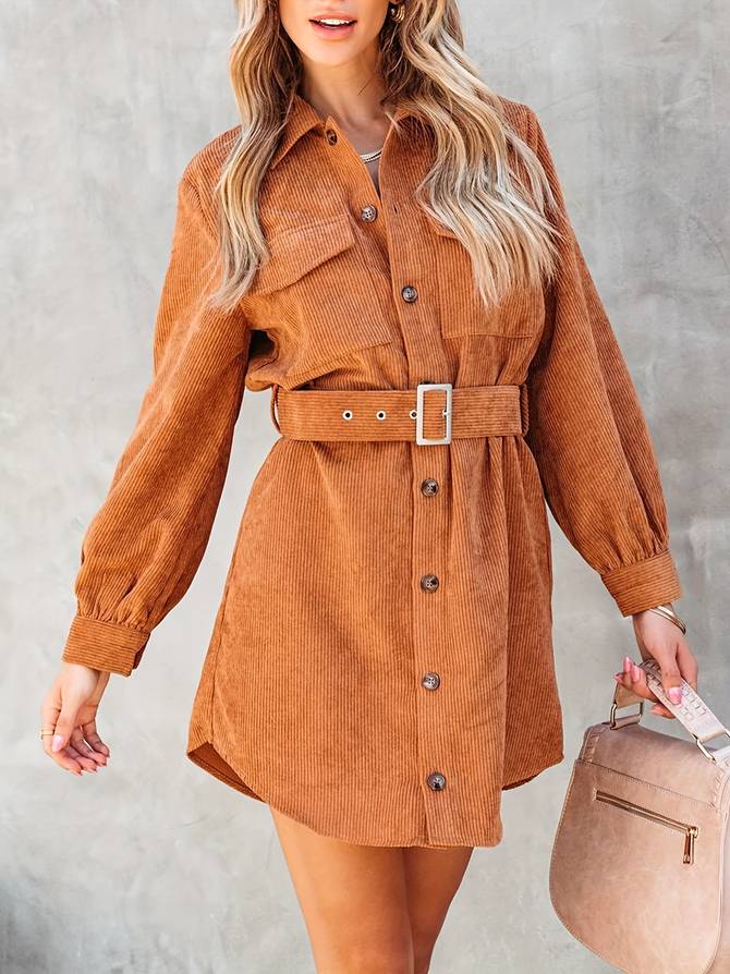 Marleen | Dames Mini-Jurk – Lange Mouwen, Knoopsluiting, Corduroy Stof