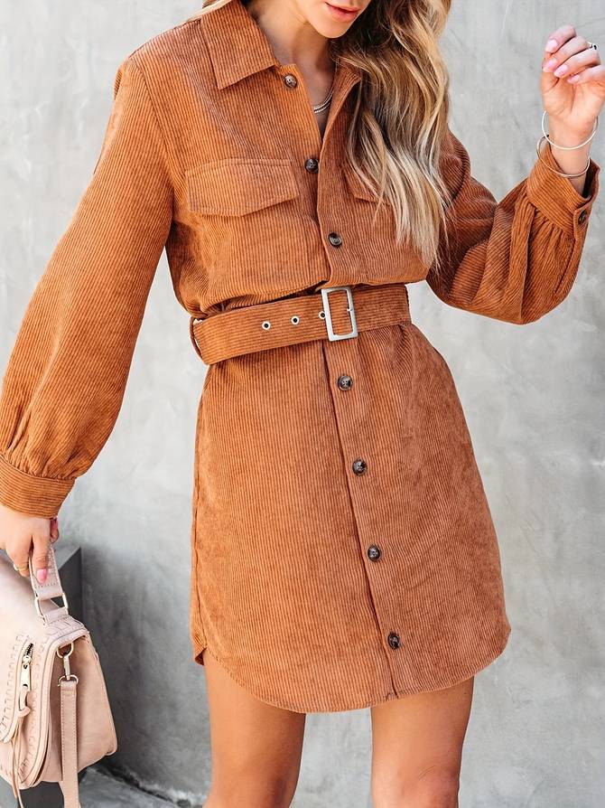 Marleen | Dames Mini-Jurk – Lange Mouwen, Knoopsluiting, Corduroy Stof