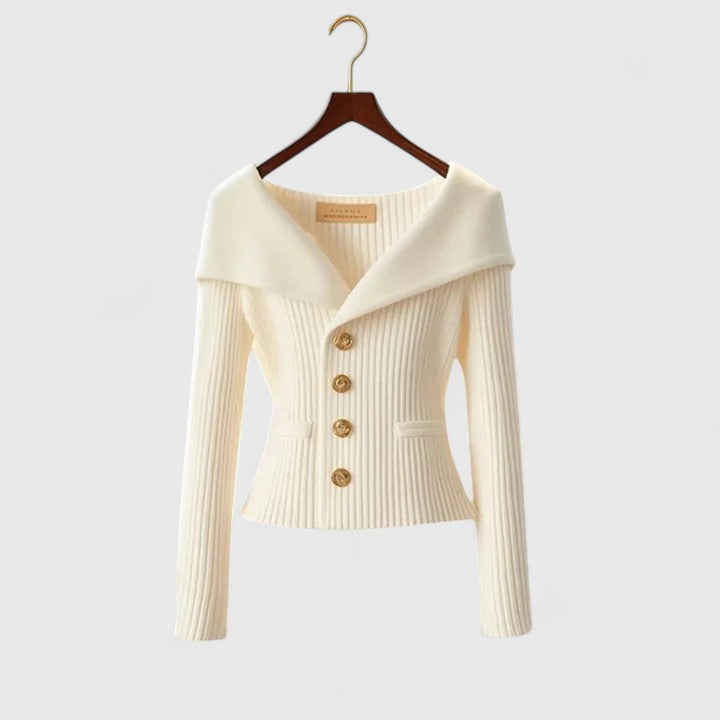 Beathe Herfsttrui Dames | Elegante Off-Shoulder Trui met Gouden Knopen