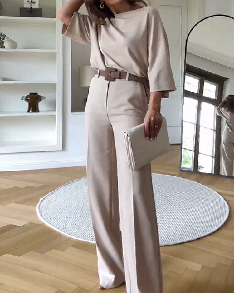 Kimberly Set | Dames 2-delige outfit met hoge taille broek en losvallende top in neutrale kleur