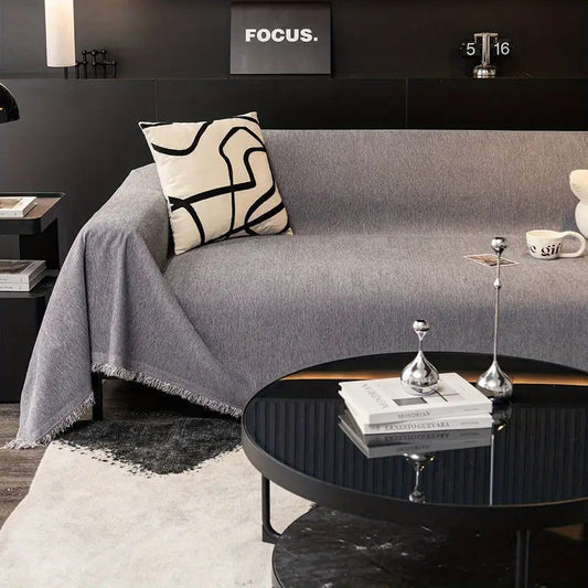 Minimalistische Bankhoes – Grijze Chenille met Kwastjes voor Woonkamer of Zitkamer Decoratie