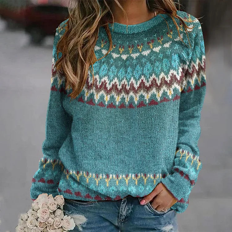Noorse Gebreide Trui | Dames Trui met Blauw Patroon en Warme Pasvorm
