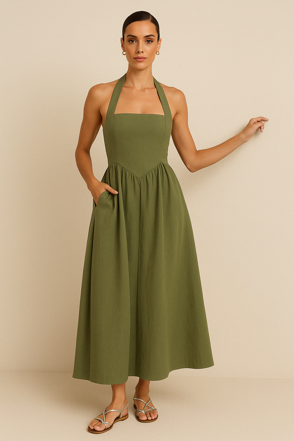 Esther | Dames Maxi Jurk – Halternek – A-lijn Pasvorm – Luchtige Vloeiende Stof – Zomerse Look