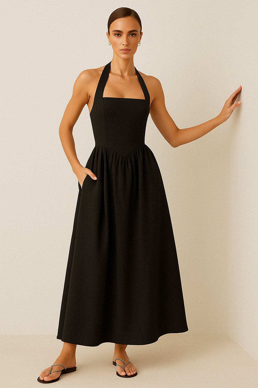 Esther | Dames Maxi Jurk – Halternek – A-lijn Pasvorm – Luchtige Vloeiende Stof – Zomerse Look