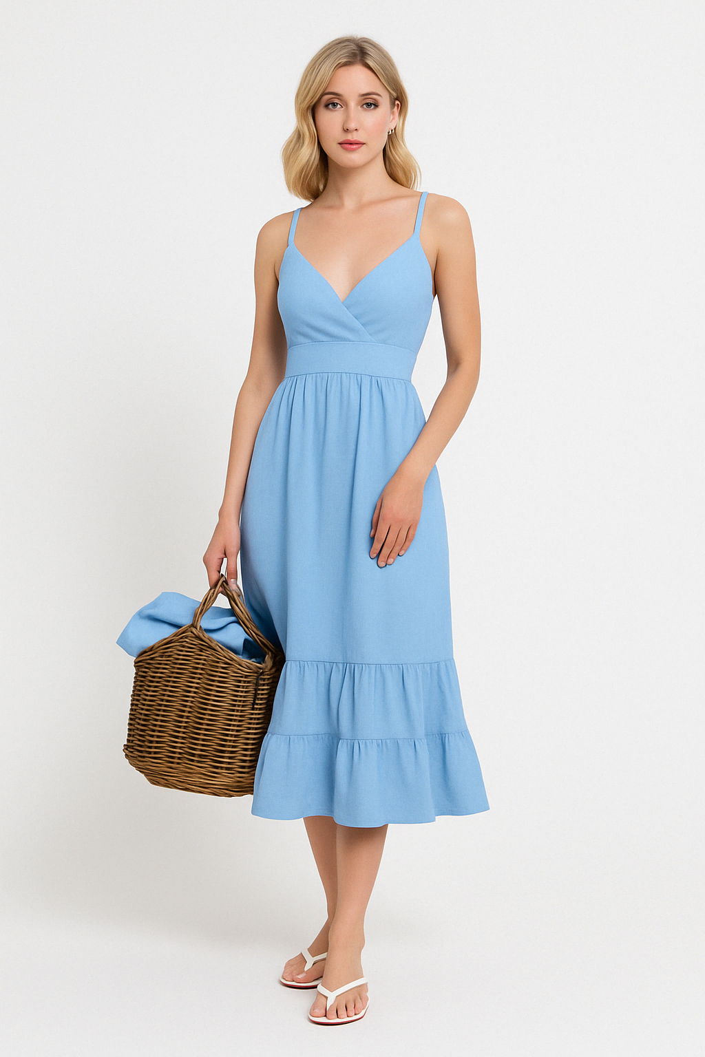 Zomerse Midi Jurk | Damesjurk van linnenmix met V-hals, spaghettibandjes en gelaagde zoom