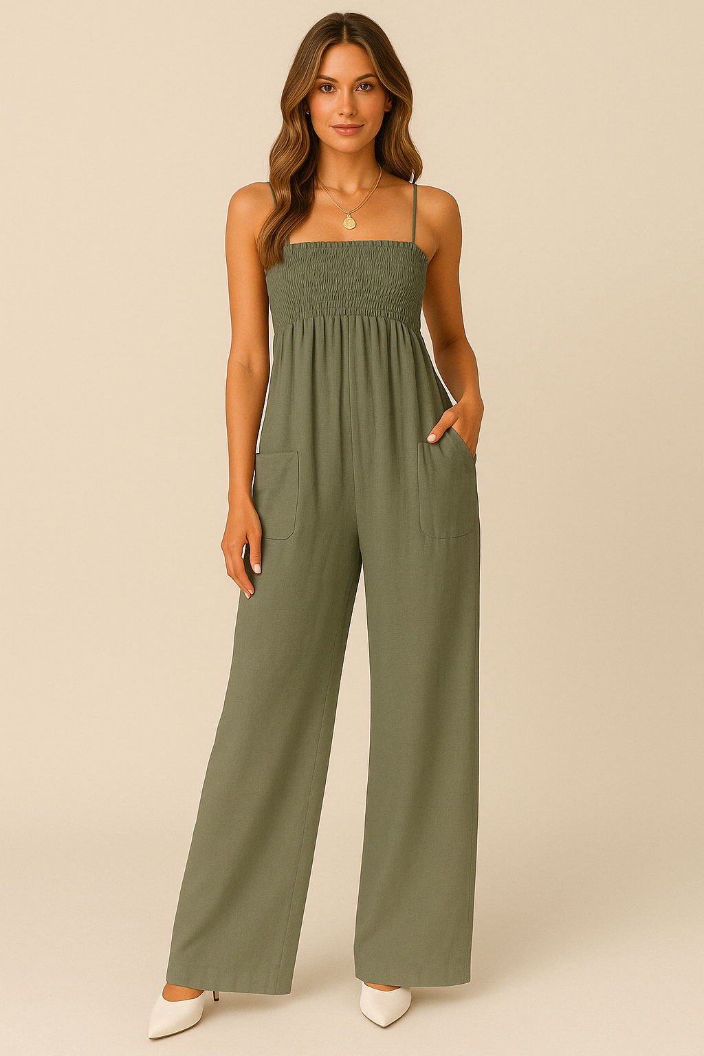 Zomerse Dames Jumpsuit | Relaxte pasvorm met ruche lijfje en spaghettibandjes in ademend katoen