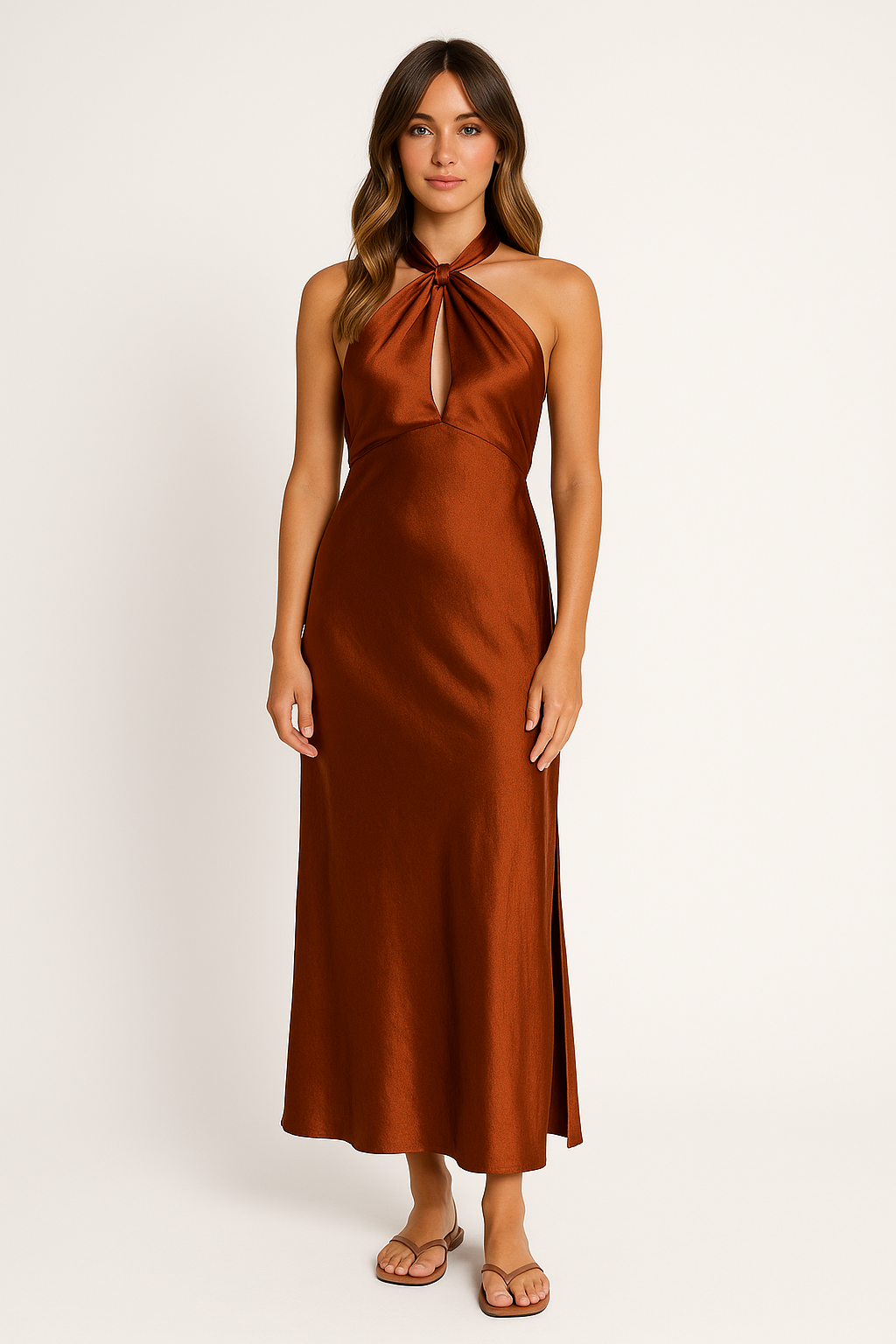 Britt | Dames Galajurk – Halternek Maxi Jurk met Fitted Taille en Glanzende Satijnlook
