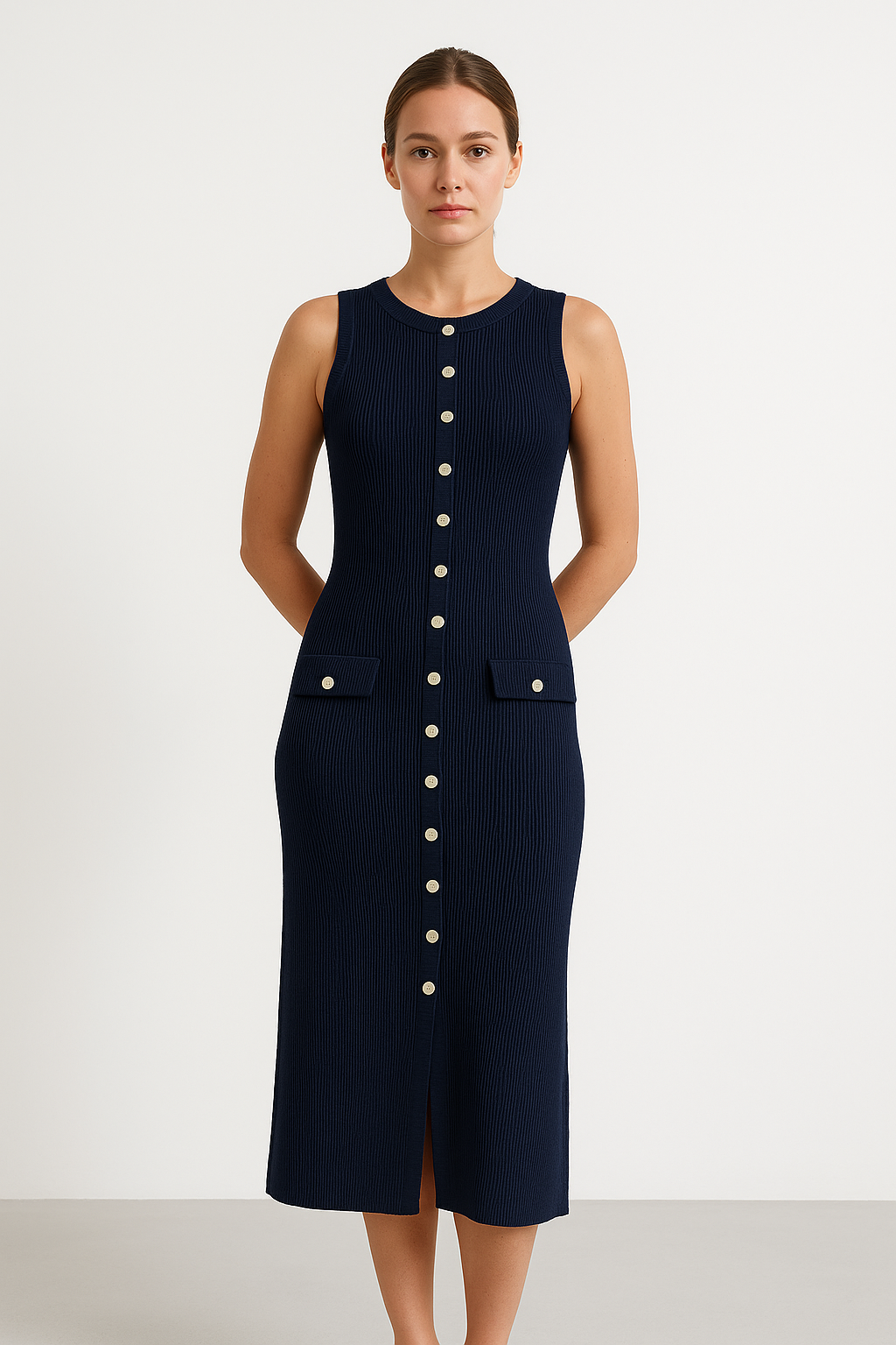Dilia | Dames Slim Fit Jurk – Mouwloos – Knoopsluiting & Ronde Hals