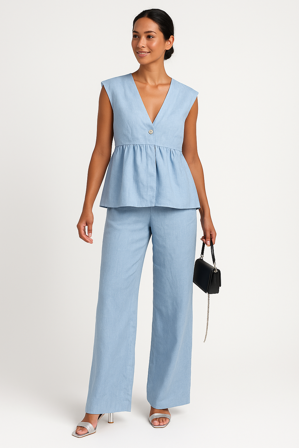 Anke | Dames Set – Peplum Top zonder Mouwen met V-Hals en Losvallende Broek in Ademend Materiaal