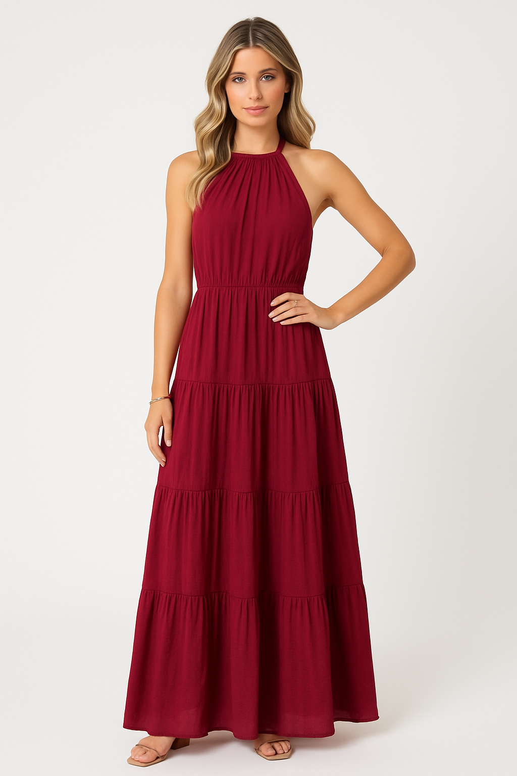 Ariane | Dames Halterjurk – Maxi Lengte met Gelaagde Rok en Tailleband van Ademend Materiaal