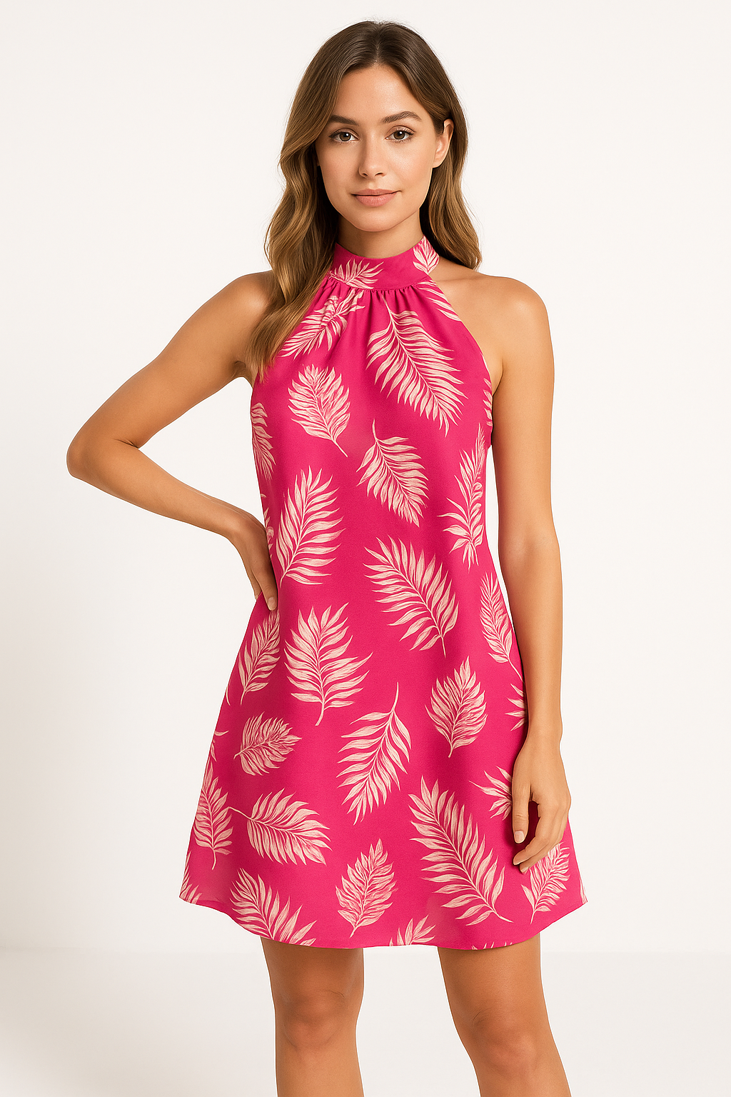 Alieke | Dames Halter Jurk – Losvallend en Ademend met Botanische Print in Mini Lengte