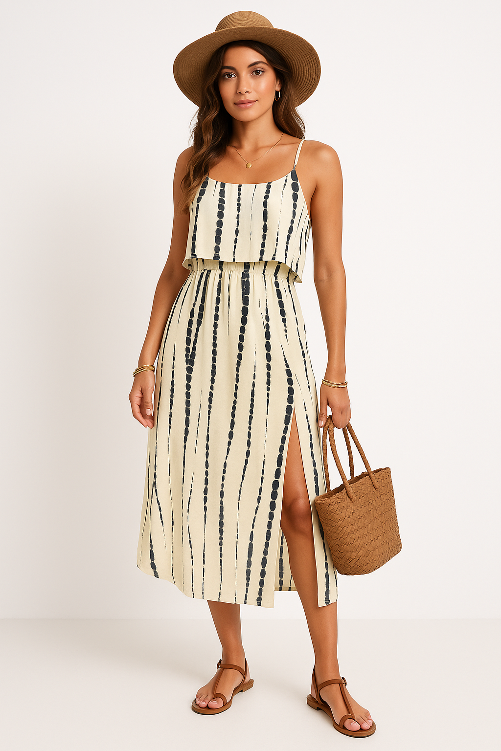 Alisa | Dames Zomerjurk – Mouwloos Midi Model met Relaxte Pasvorm en Hoge Split