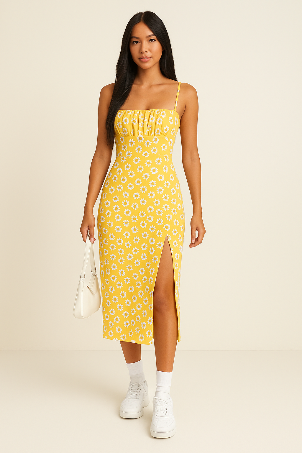 Eefje | Dames Midi Jurk – Slim Fit – Spaghettibandjes – Bloemenprint – Zijsplit