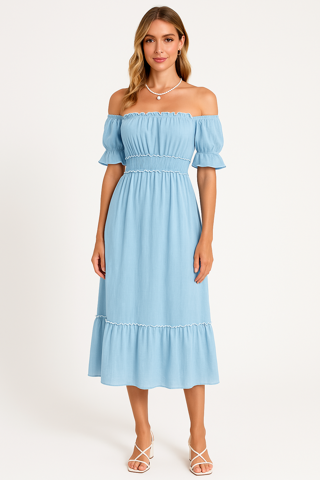 Boho Midi Jurk Off-Shoulder | Dames jurk met ruches zoom en luchtige pasvorm van katoenmix