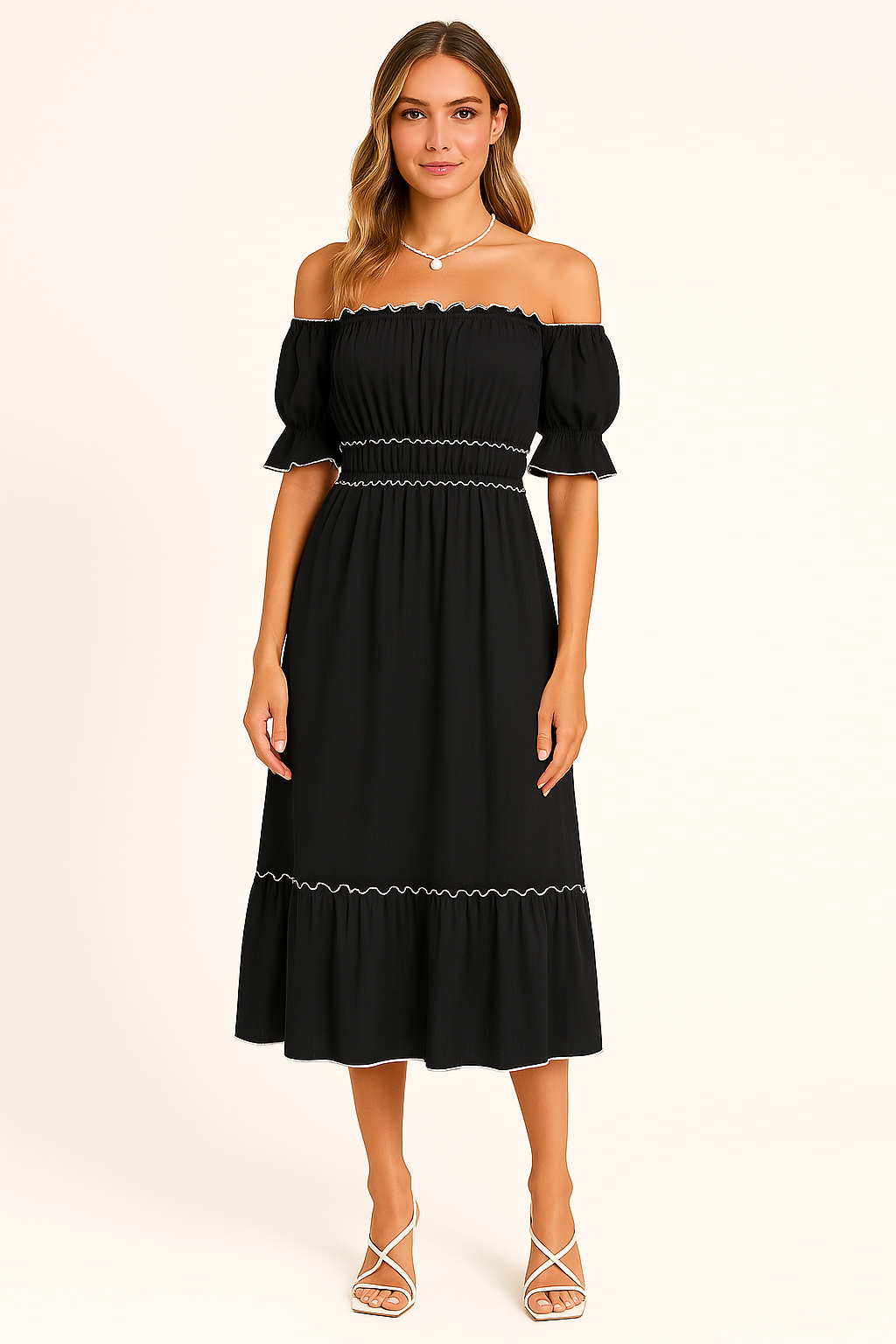 Boho Midi Jurk Off-Shoulder | Dames jurk met ruches zoom en luchtige pasvorm van katoenmix