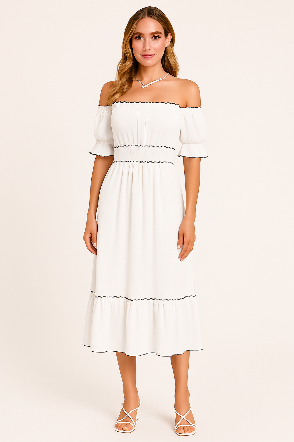 Boho Midi Jurk Off-Shoulder | Dames jurk met ruches zoom en luchtige pasvorm van katoenmix