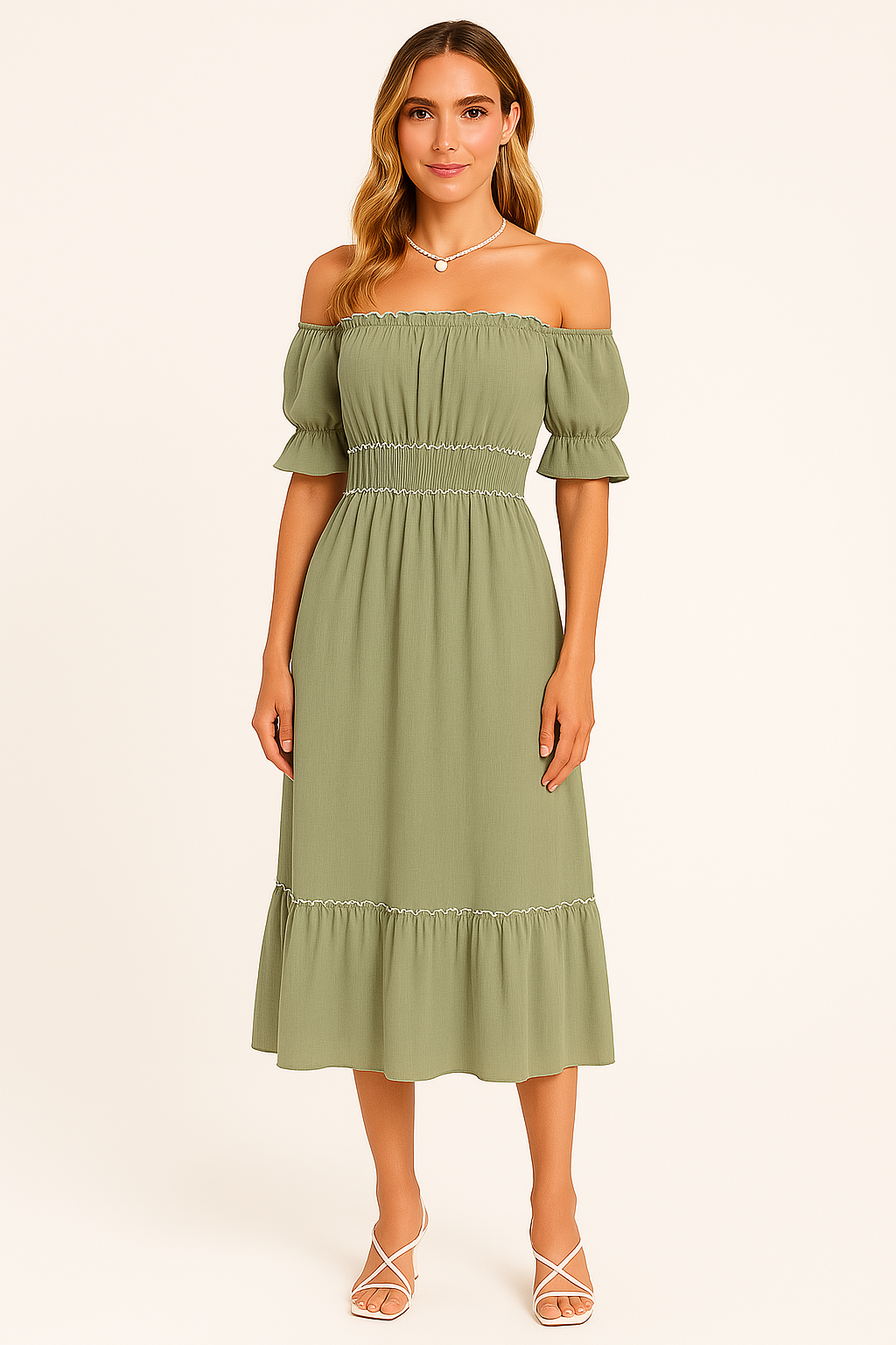 Boho Midi Jurk Off-Shoulder | Dames jurk met ruches zoom en luchtige pasvorm van katoenmix