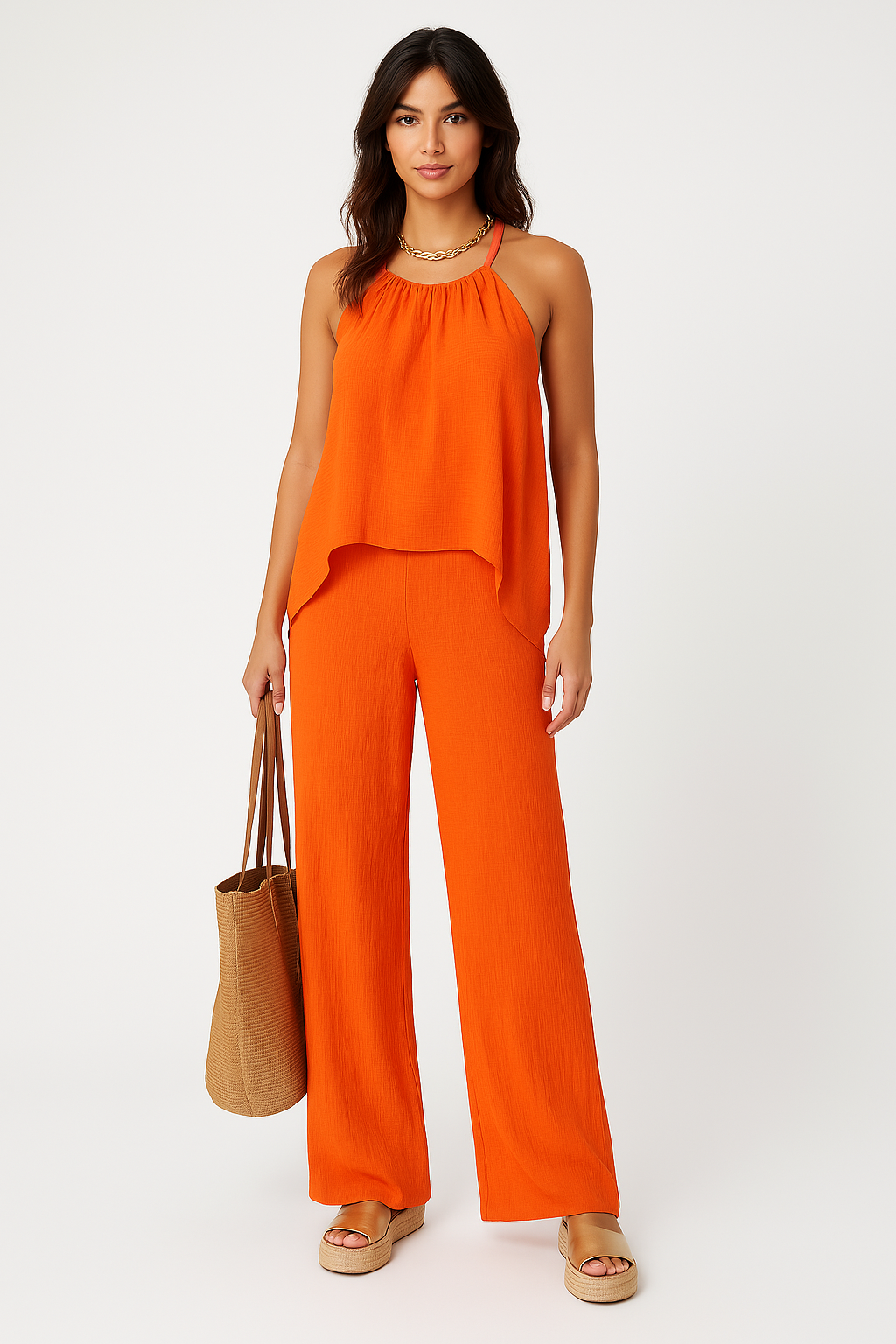 Dames Tweedelige Set | Haltertop met asymmetrische plooien en wijde broek in relaxed fit